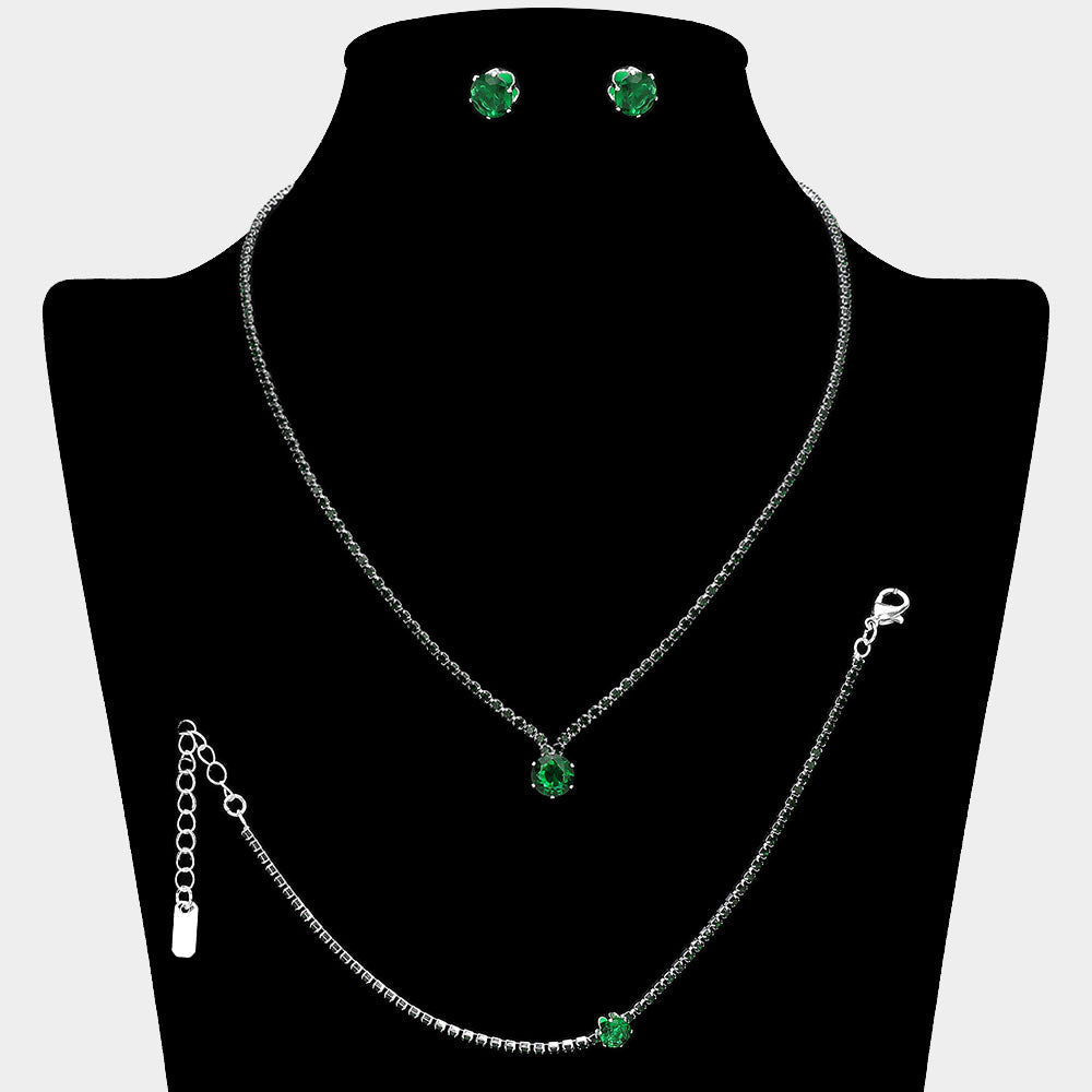 Madeline Love Emerald, Silver Round CZ Stone Accent Rhinestone Paved Jewelry Set