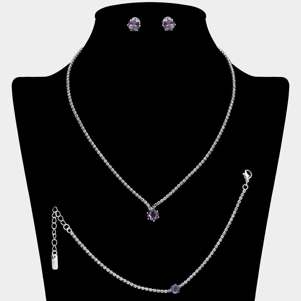 Madeline Love Amethyst , Silver Round CZ Stone Accent Rhinestone Paved Jewelry Set