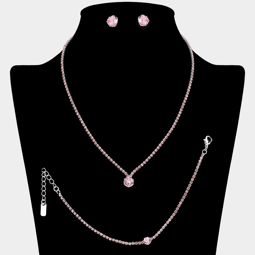 Madeline Love Lt Rose, Silver Round CZ Stone Accent Rhinestone Paved Jewelry Set