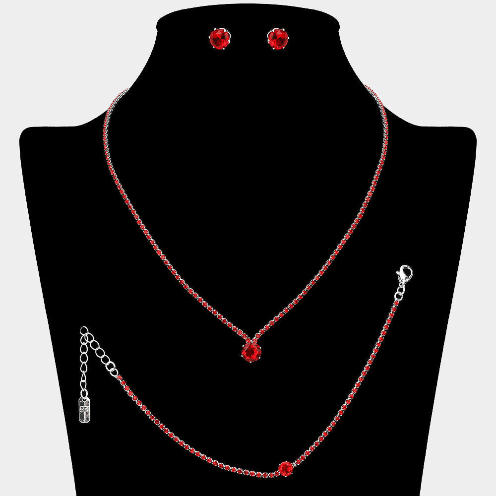 Madeline Love Red, Silver Round CZ Stone Accent Rhinestone Paved Jewelry Set