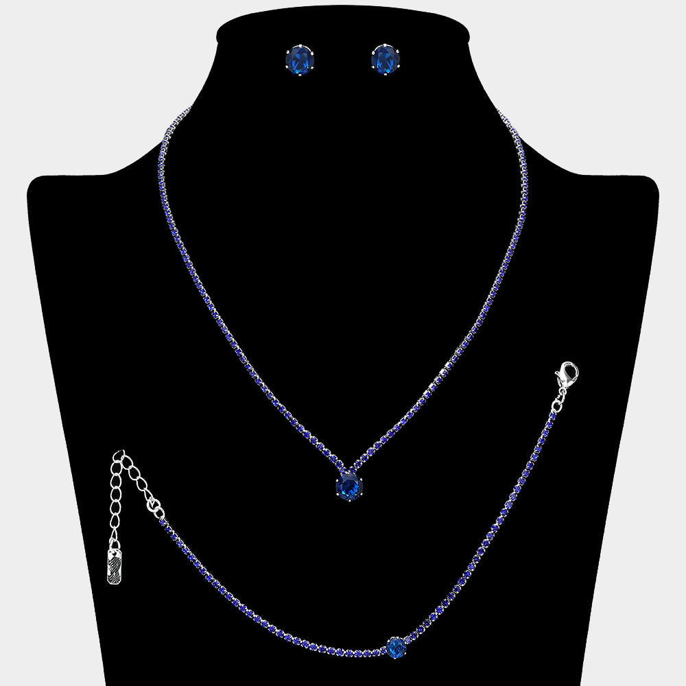 Madeline Love Sapphire, Silver Round CZ Stone Accent Rhinestone Paved Jewelry Set
