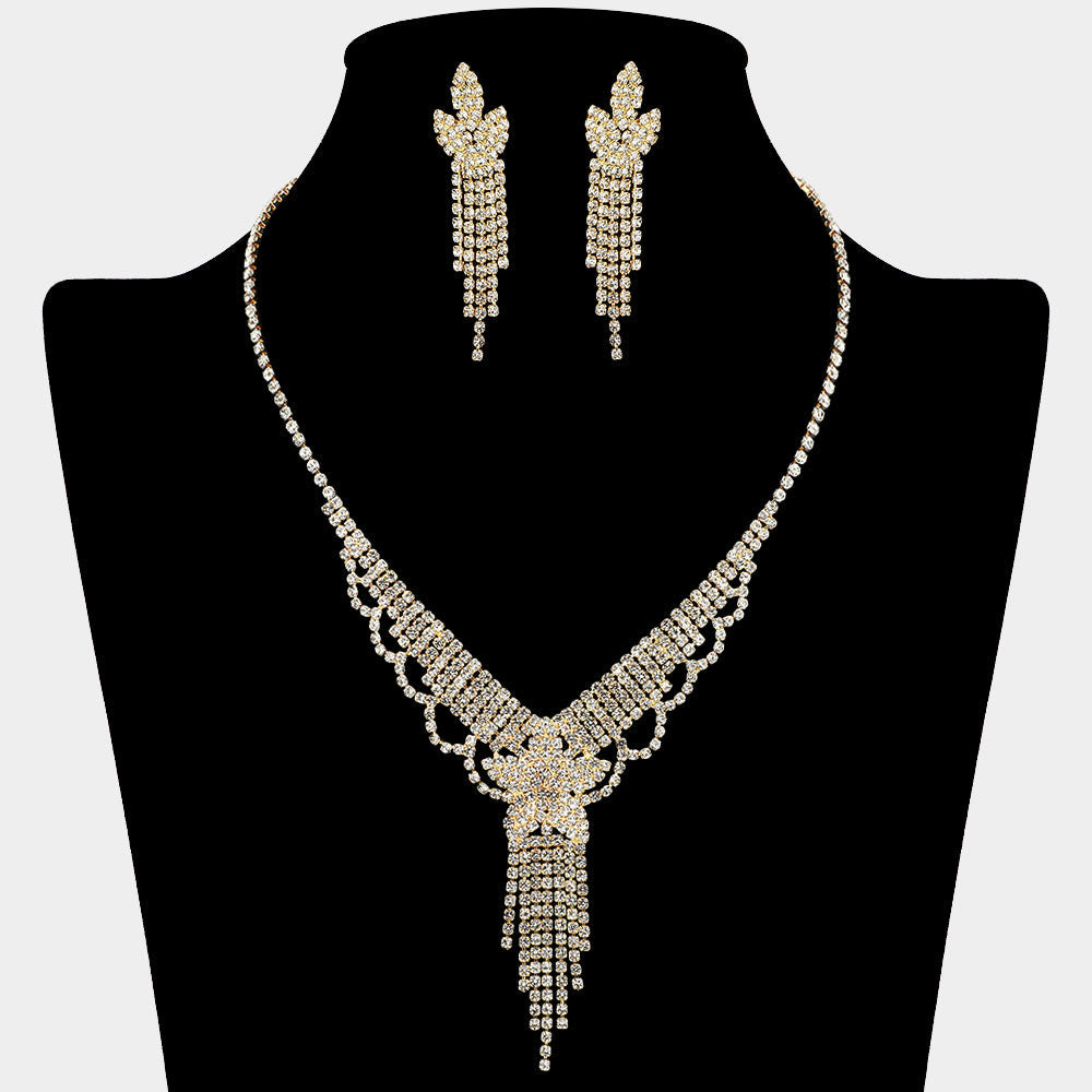 Madeline Love Clear, Gold Flower Fringe Accent Rhinestone Paved Necklace - Jewelry