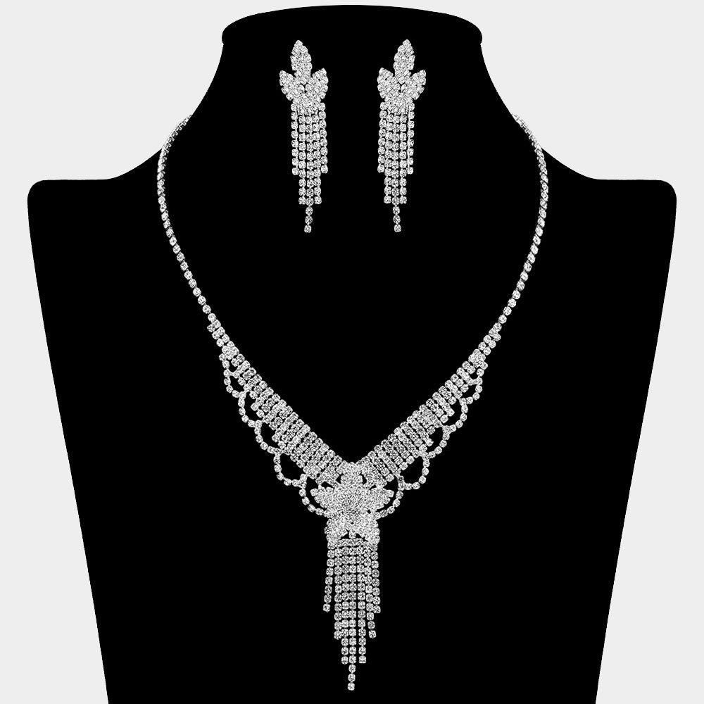 Madeline Love Clear, Silver Flower Fringe Accent Rhinestone Paved Necklace - Jewelry