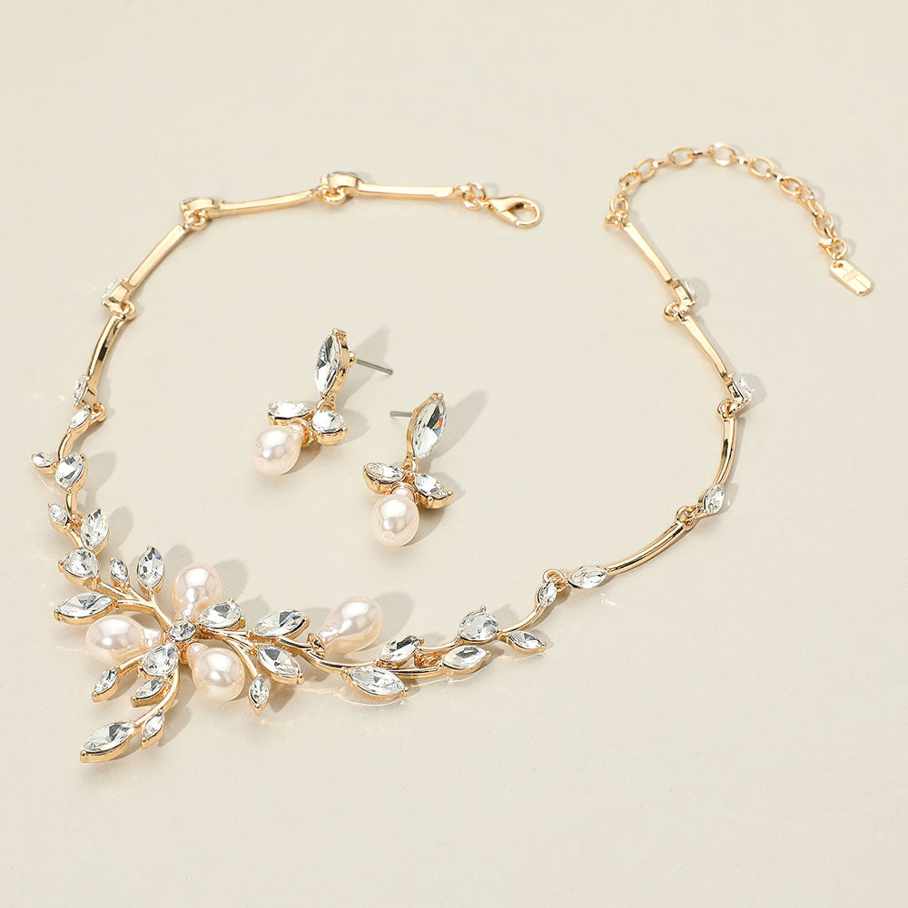 Madeline Love Clear, Gold Marquise Stone Cluster Pearl Embellished Leaf Branch Necklace - Necklaces