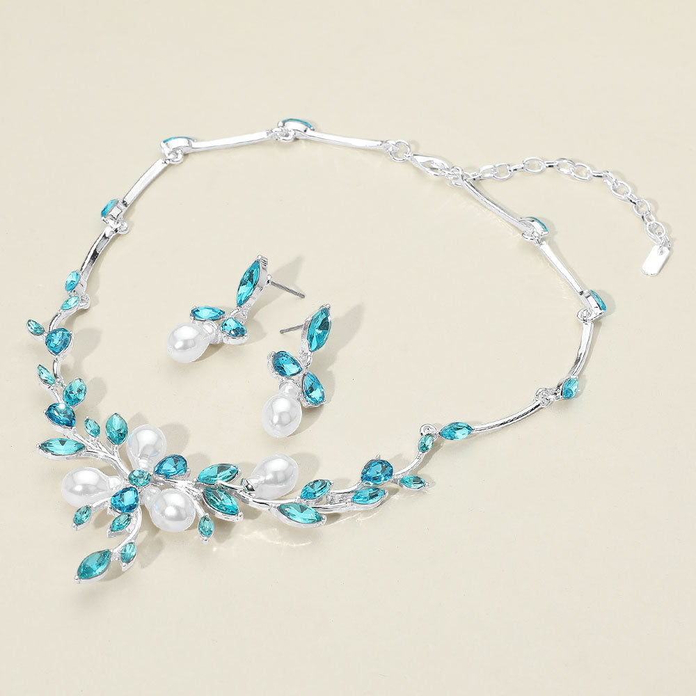 Madeline Love Aqua, Silver Marquise Stone Cluster Pearl Embellished Leaf Branch Necklace - Necklaces