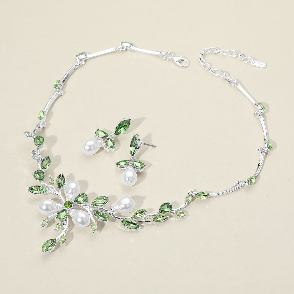Madeline Love Green, Light, Silver Marquise Stone Cluster Pearl Embellished Leaf Branch Necklace - Necklaces