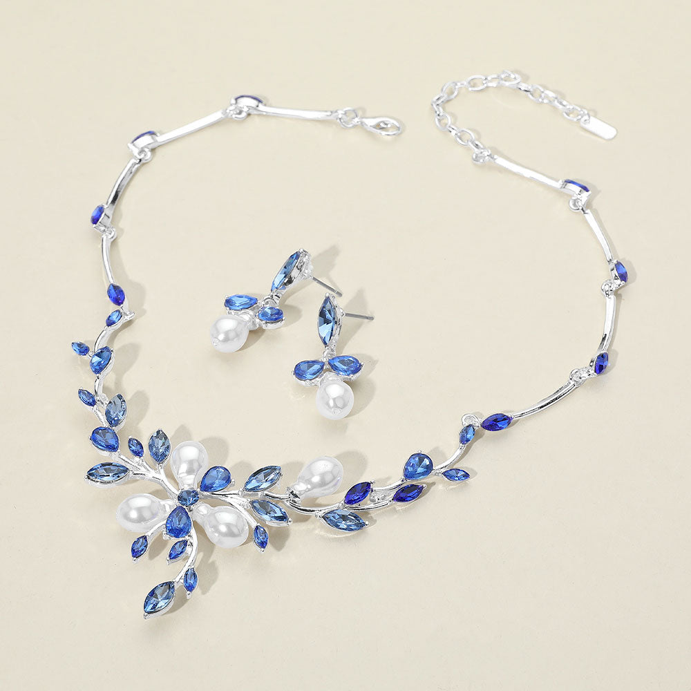 Madeline Love Light, Sapphire, Silver Marquise Stone Cluster Pearl Embellished Leaf Branch Necklace - Necklaces
