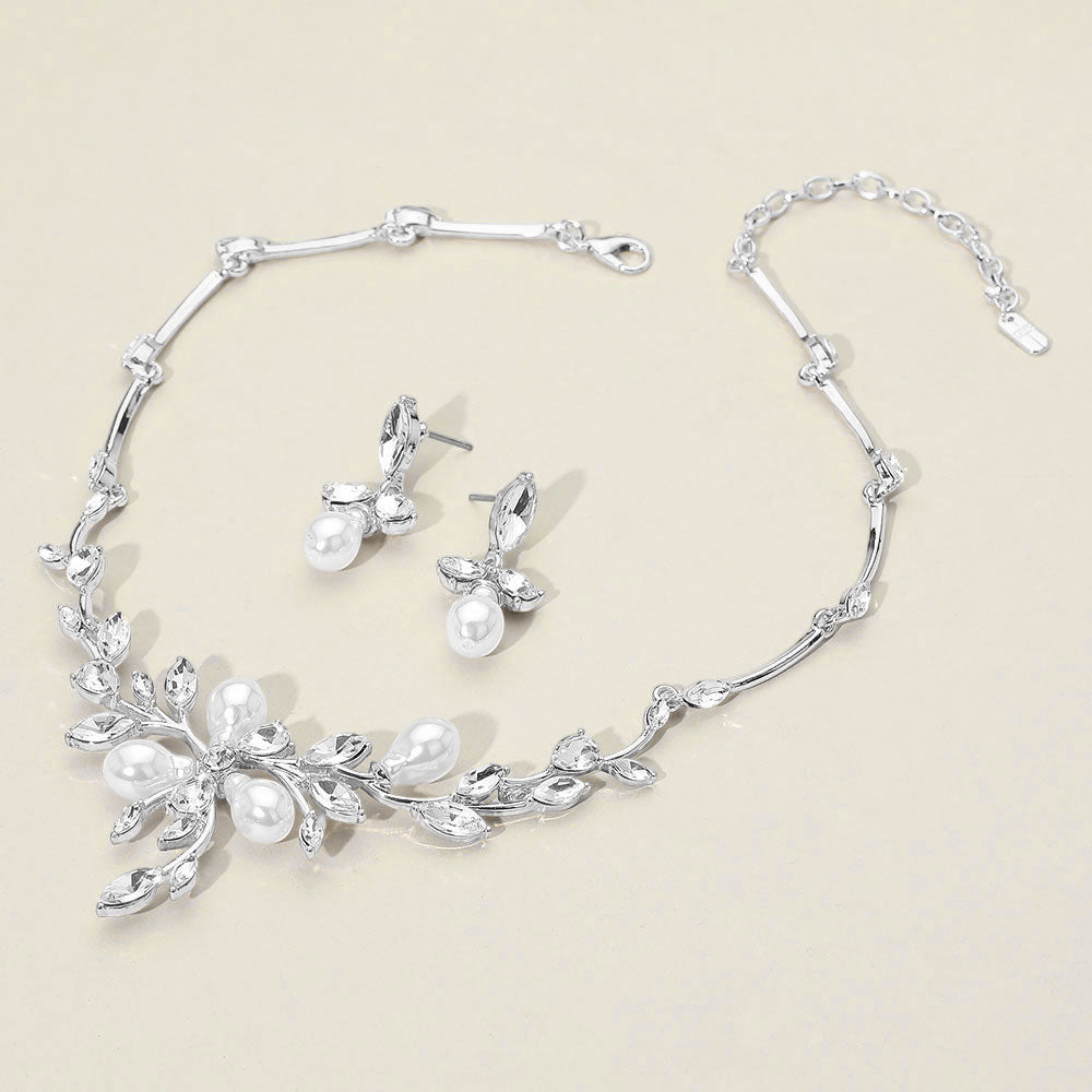 Madeline Love Silver, White Marquise Stone Cluster Pearl Embellished Leaf Branch Necklace - Necklaces