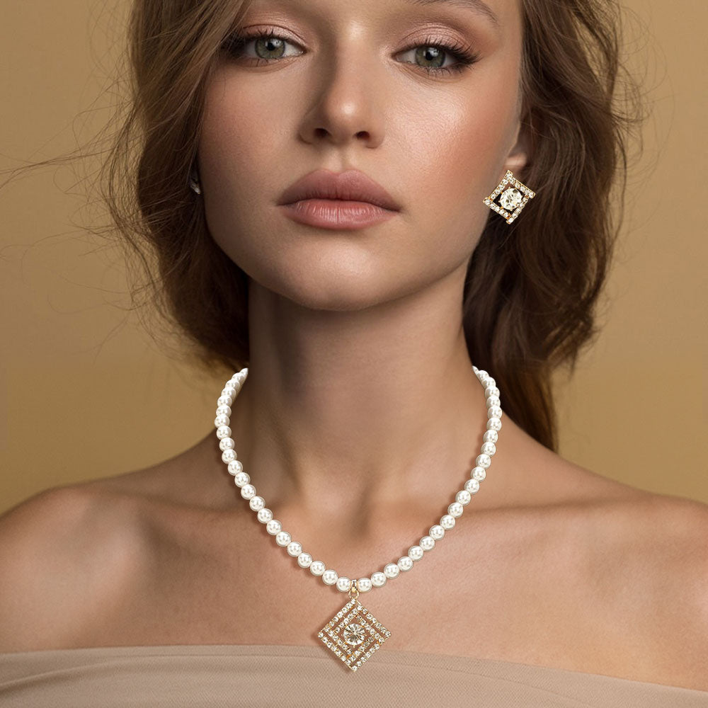 Madeline Love Cream, Gold Rhinestone Paved Geometric Square Pendant Pearl Necklace - Necklaces