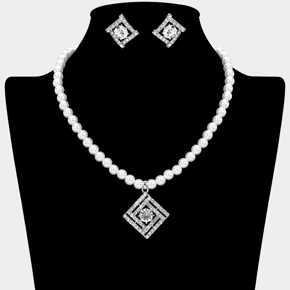 Madeline Love Silver, White Rhinestone Paved Geometric Square Pendant Pearl Necklace - Necklaces