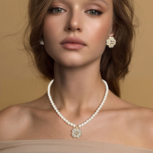 Madeline Love Cream, Gold Rhinestone Paved Clover Pendant Pearl Necklace - Necklaces