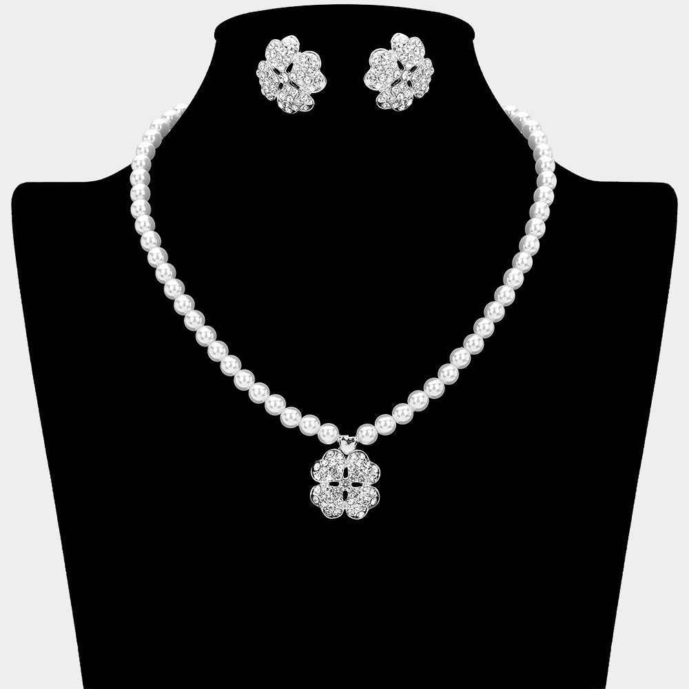 Madeline Love Silver, White Rhinestone Paved Clover Pendant Pearl Necklace - Necklaces