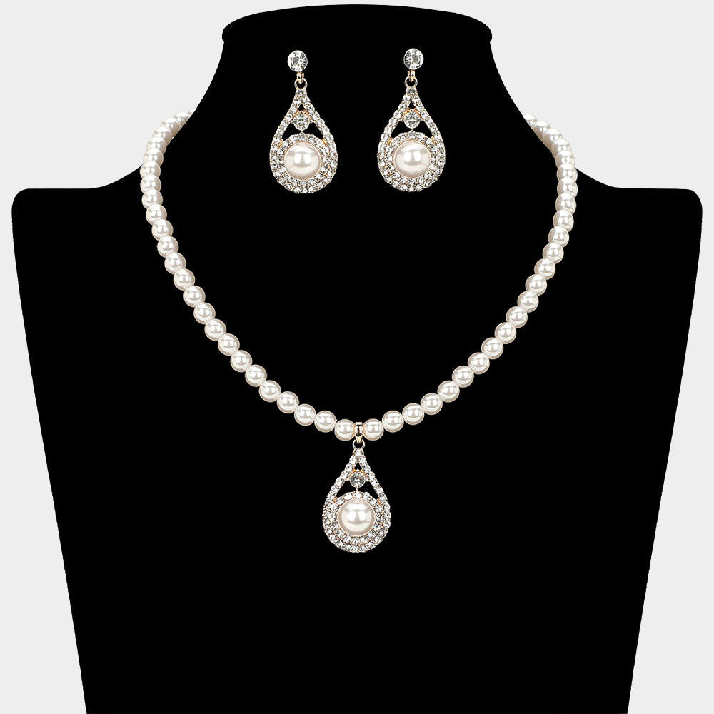 Madeline Love Cream, Gold Pearl Accent Rhinestone Paved Teardrop Pendant Pearl Necklace - Necklaces