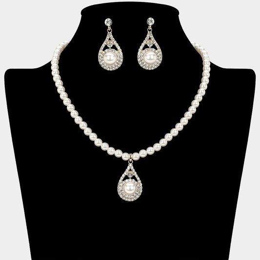 Madeline Love Cream, Gold Pearl Accent Rhinestone Paved Teardrop Pendant Pearl Necklace - Necklaces