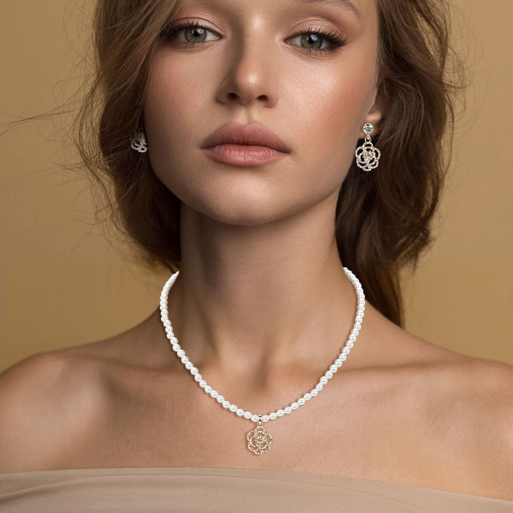 Madeline Love Cream, Gold Rhinestone Paved Rose Pendant Pearl Necklace - Necklaces