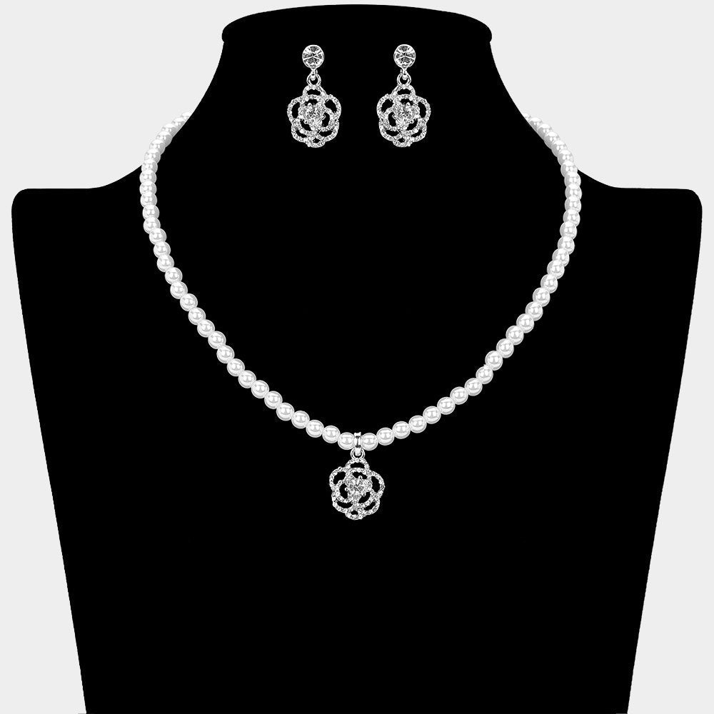 Madeline Love Silver, White Rhinestone Paved Rose Pendant Pearl Necklace - Necklaces