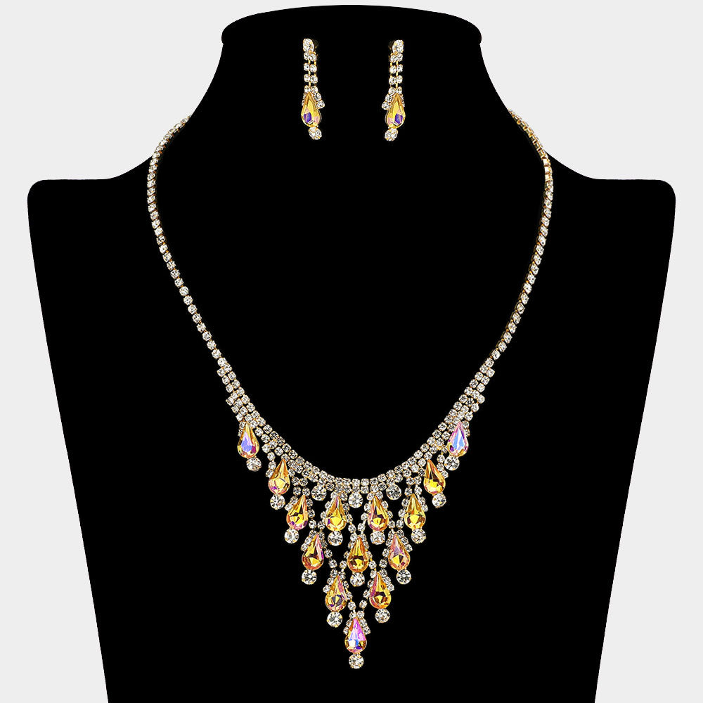 Madeline Love AB, Gold, Yellow Teardrop Cluster Embellished Chandelier Accent Rhinestone Paved Necklace - Jewelry