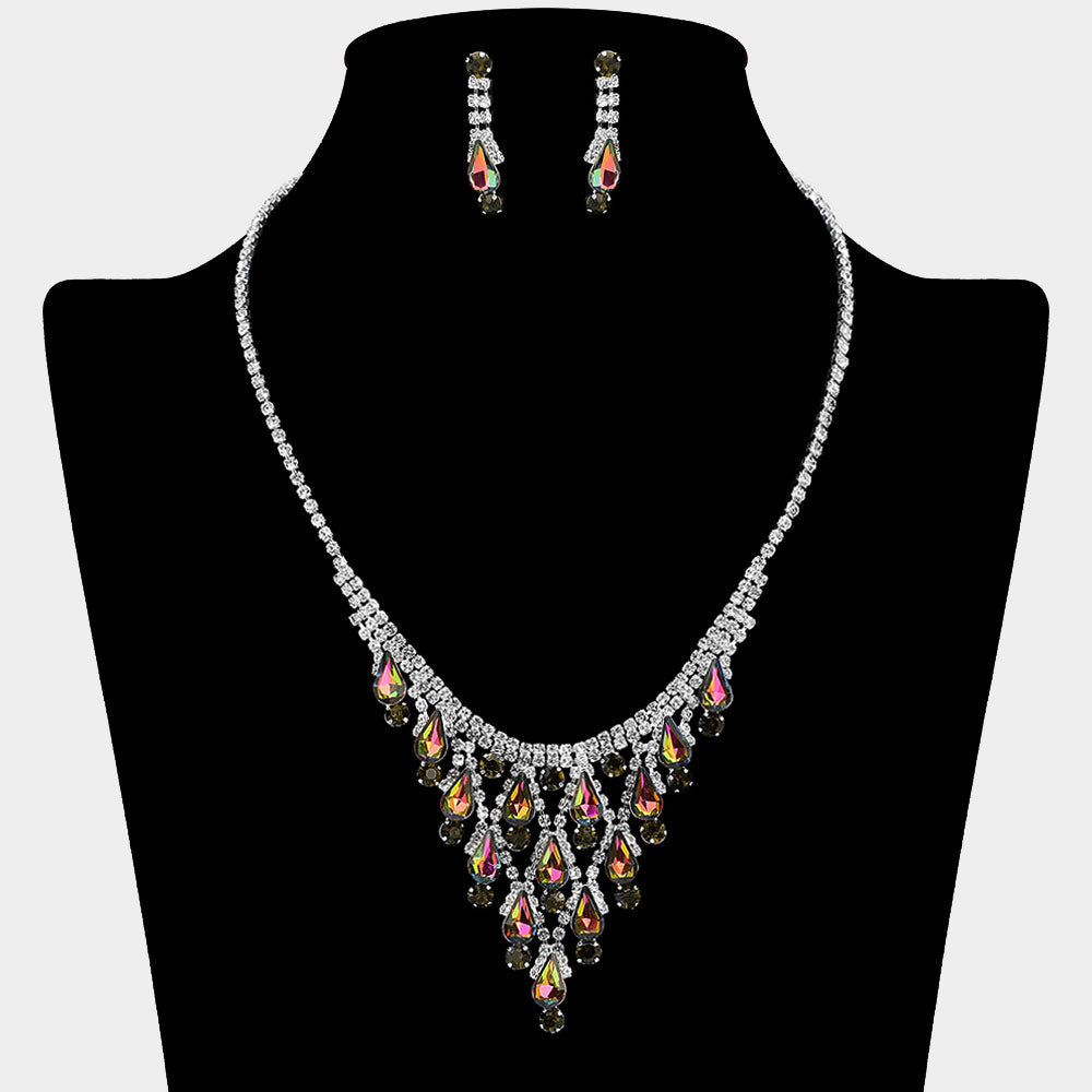 Madeline Love AB, Emerald, Silver Teardrop Cluster Embellished Chandelier Accent Rhinestone Paved Necklace - Jewelry