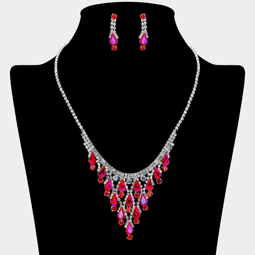 Madeline Love AB, Red, Silver Teardrop Cluster Embellished Chandelier Accent Rhinestone Paved Necklace - Jewelry