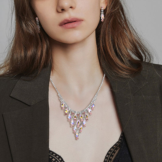 Madeline Love AB, Pink, Silver Teardrop Cluster Embellished Chandelier Accent Rhinestone Paved Necklace - Jewelry