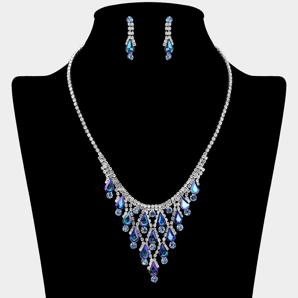 Madeline Love AB, Sapphire, Silver Teardrop Cluster Embellished Chandelier Accent Rhinestone Paved Necklace - Jewelry