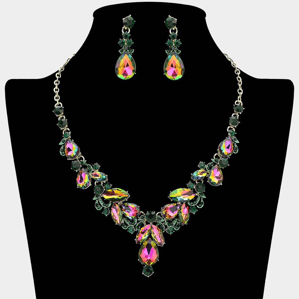 Madeline Love AB, Emerald, Gold Teardrop Accent Ornate Marquise Stone Cluster Embellished Rhinestone Necklace - Jewelry