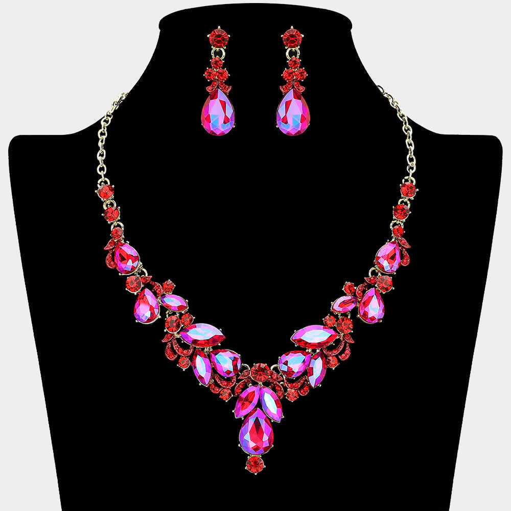 Madeline Love AB, Gold, Red Teardrop Accent Ornate Marquise Stone Cluster Embellished Rhinestone Necklace - Jewelry