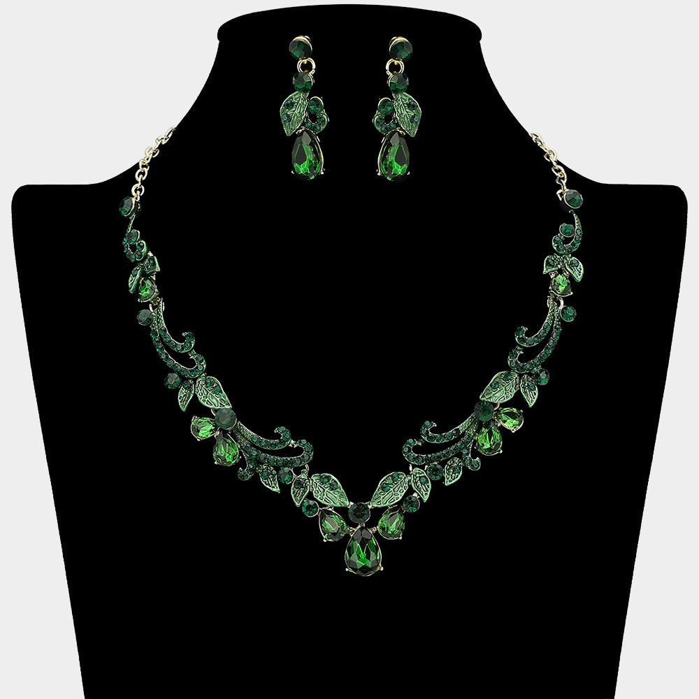 Madeline Love Emerald, Gold Teardrop Stone Cluster Embellished Rhinestone Paved Leaf Vine Necklace - Jewelry
