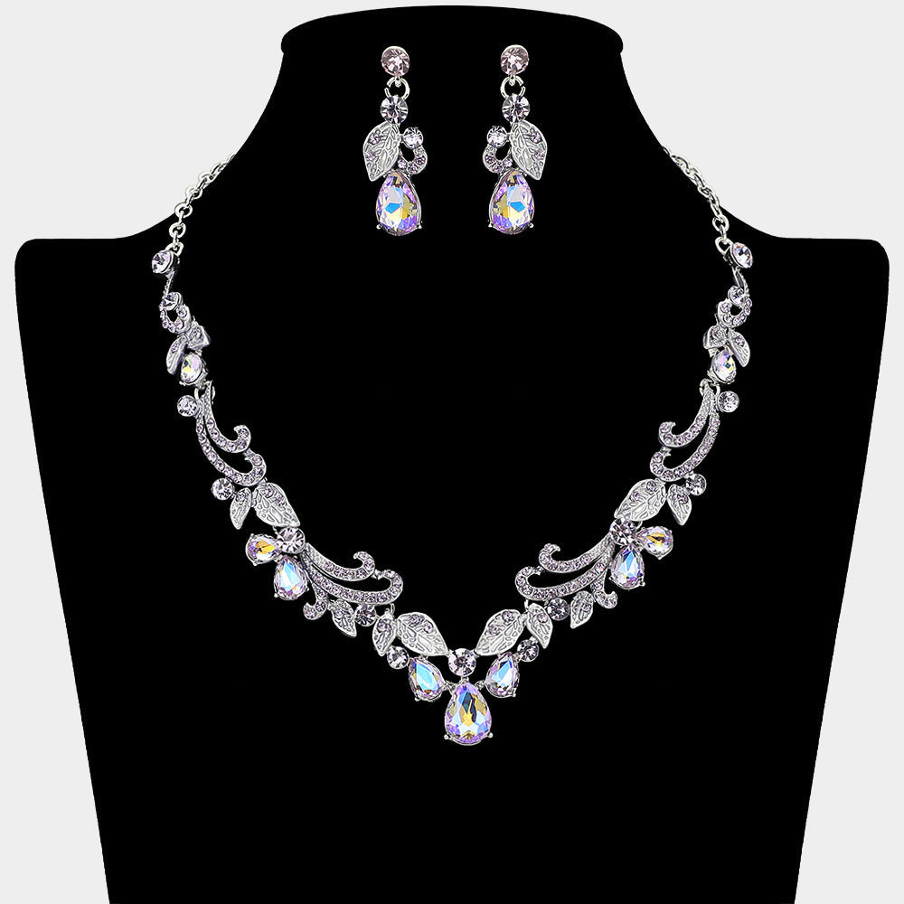 Madeline Love Amethyst , Silver Teardrop Stone Cluster Embellished Rhinestone Paved Leaf Vine Necklace - Jewelry