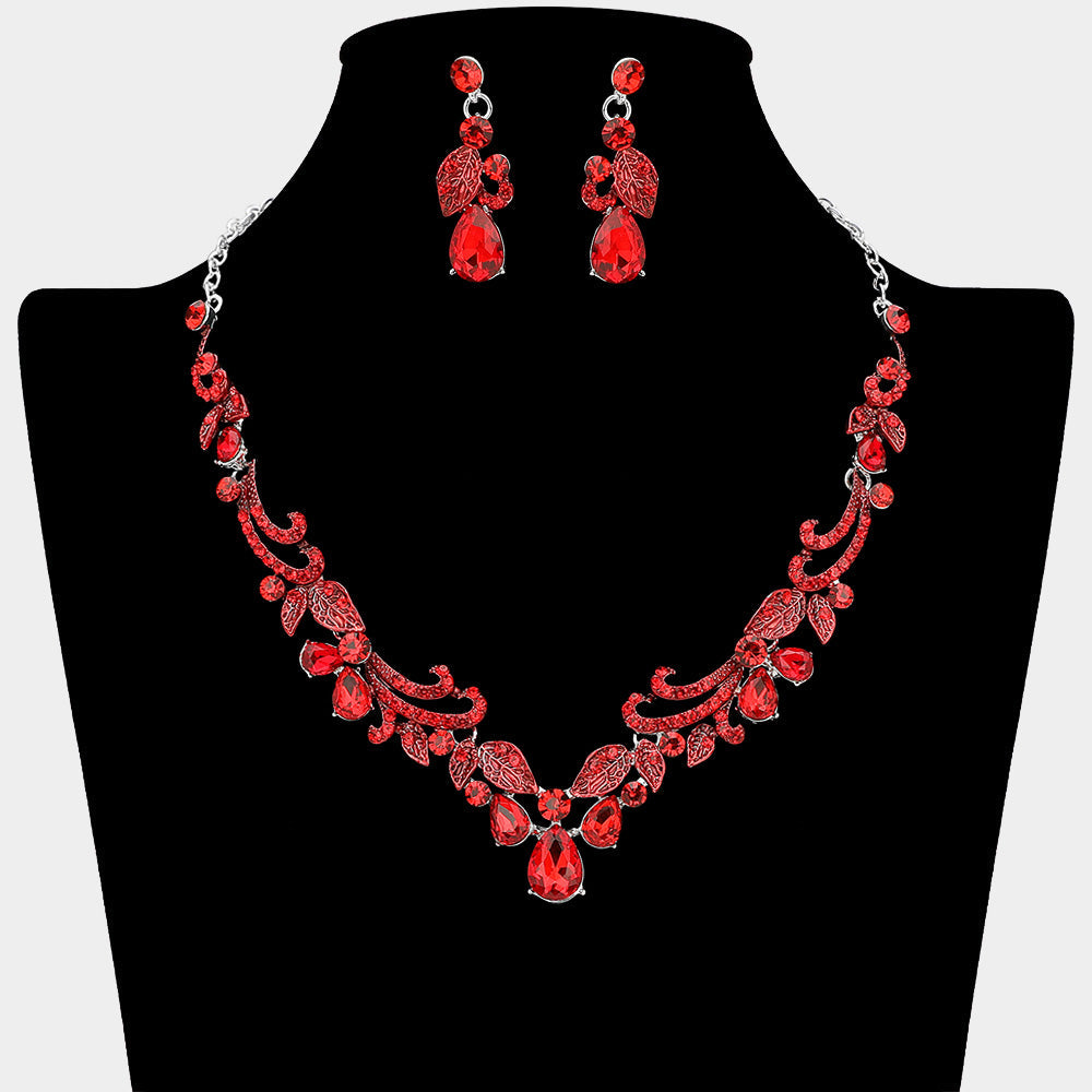 Madeline Love Red, Silver Teardrop Stone Cluster Embellished Rhinestone Paved Leaf Vine Necklace - Jewelry