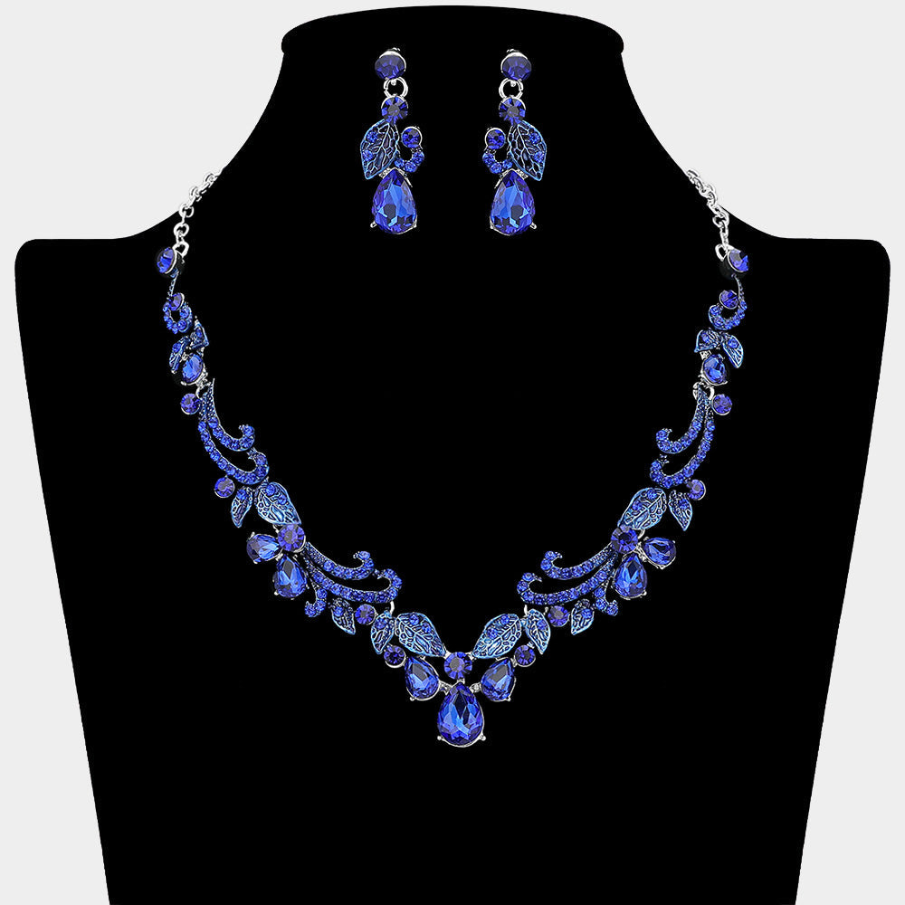 Madeline Love Sapphire, Silver Teardrop Stone Cluster Embellished Rhinestone Paved Leaf Vine Necklace - Jewelry