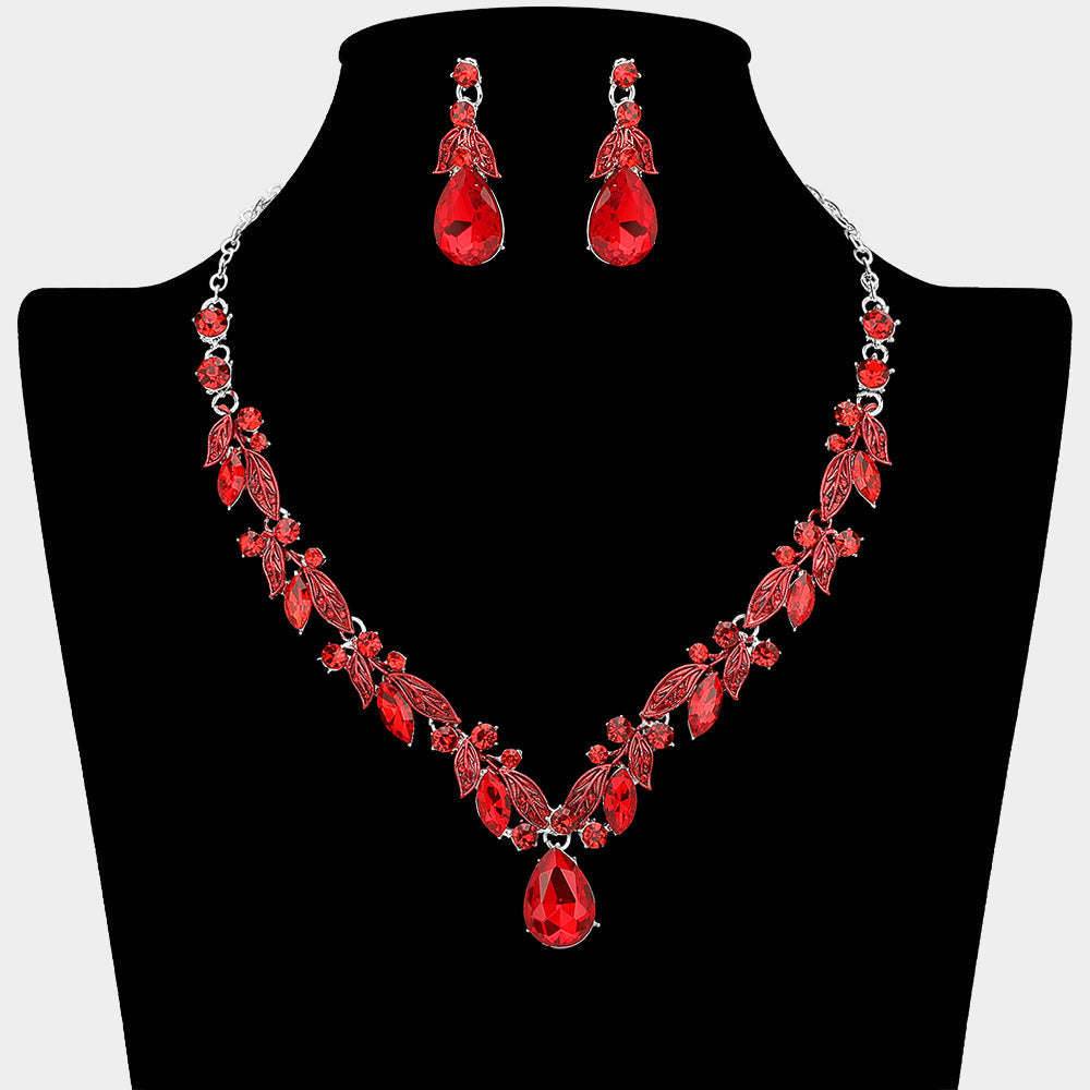 Madeline Love Red, Silver Teardrop Stone Cluster Accent Rhinestone Necklace - Jewelry