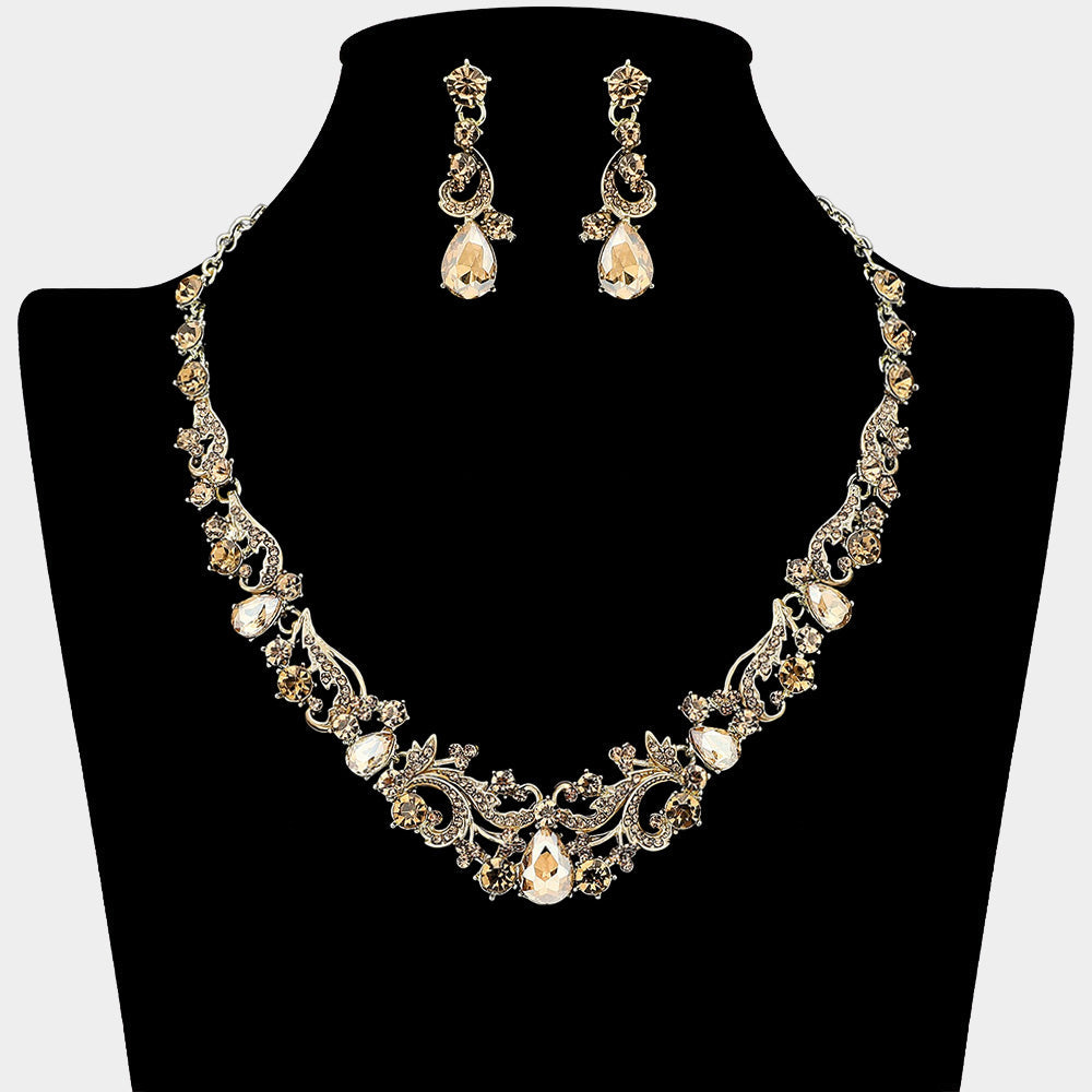 Madeline Love Gold, Lt Col Topaz Elegant Teardrop Stone Cluster Accent Rhinestone Embellished Necklace - Jewelry