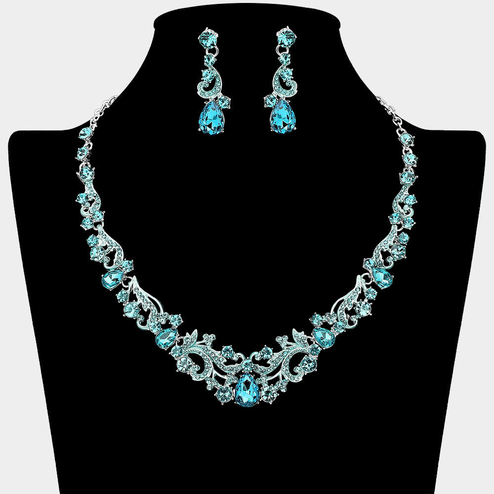 Madeline Love Aqua, Silver Elegant Teardrop Stone Cluster Accent Rhinestone Embellished Necklace - Jewelry