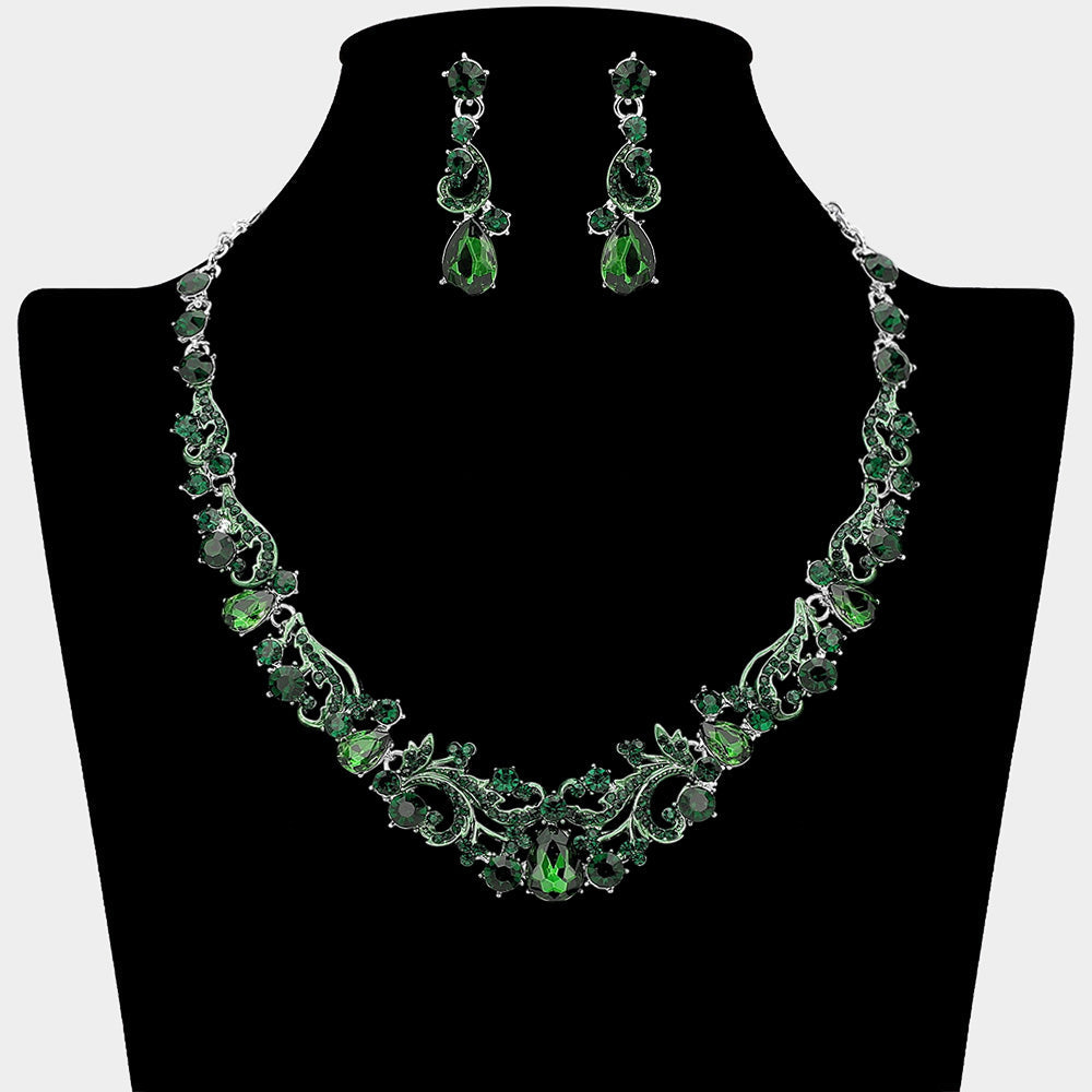 Madeline Love Emerald, Silver Elegant Teardrop Stone Cluster Accent Rhinestone Embellished Necklace - Jewelry