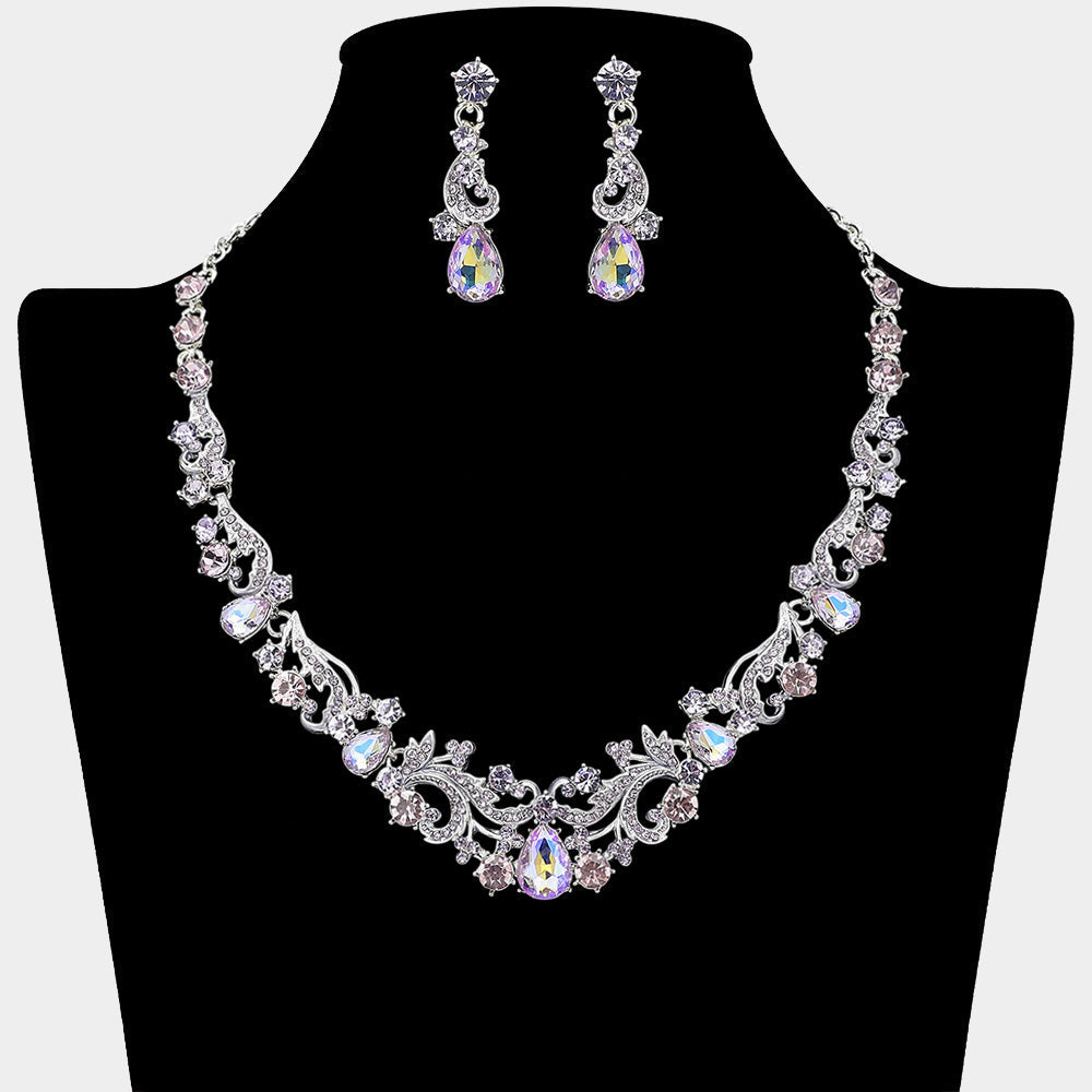 Madeline Love Amethyst , Silver Elegant Teardrop Stone Cluster Accent Rhinestone Embellished Necklace - Jewelry