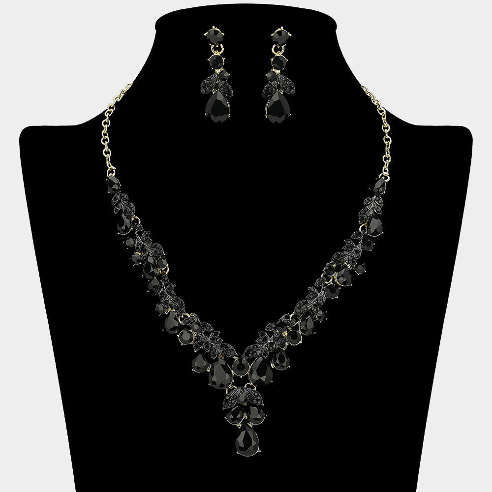 Madeline Love Black, Gold Teardrop Stone Cluster Embellished Rhinestone Necklace - Jewelry