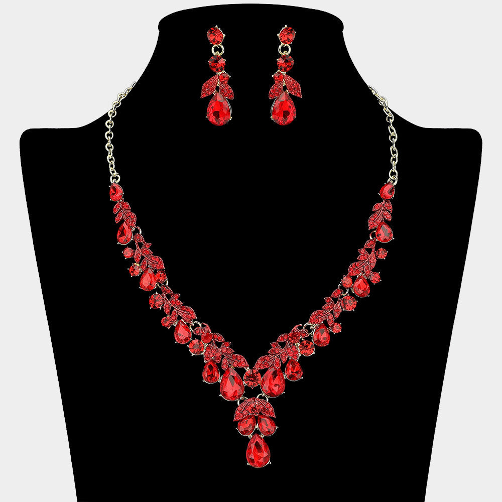 Madeline Love Gold, Red Teardrop Stone Cluster Embellished Rhinestone Necklace - Jewelry