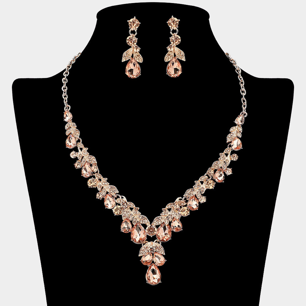 Madeline Love Peach, Rose Gold Teardrop Stone Cluster Embellished Rhinestone Necklace - Jewelry