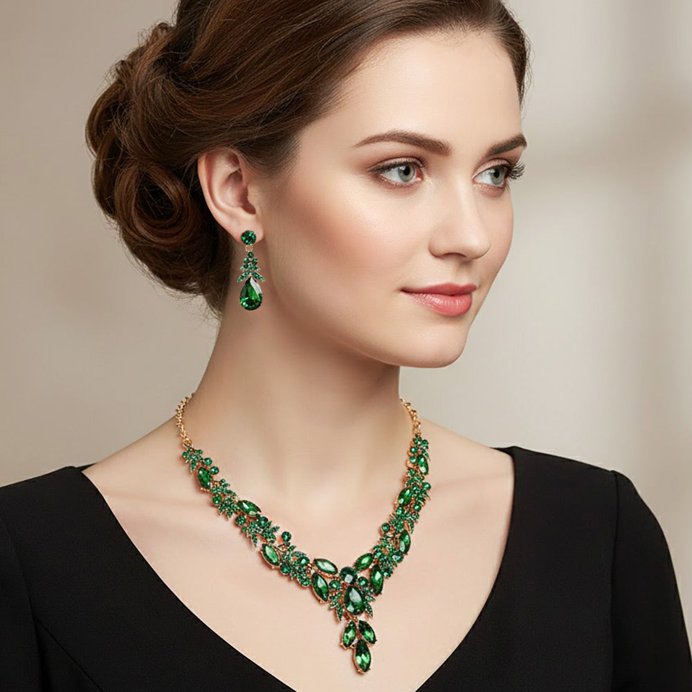 Madeline Love Emerald, Gold Teardrop Marquise Rhinestone Cluster Embellished Cascading Necklace - Jewelry