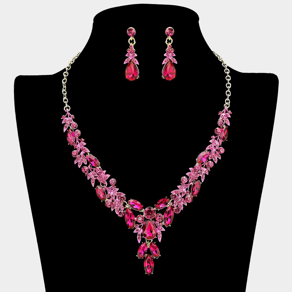 Madeline Love Fuchsia, Gold Teardrop Marquise Rhinestone Cluster Embellished Cascading Necklace - Jewelry