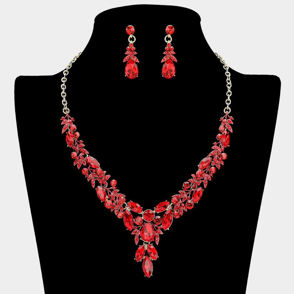 Madeline Love Gold, Red Teardrop Marquise Rhinestone Cluster Embellished Cascading Necklace - Jewelry