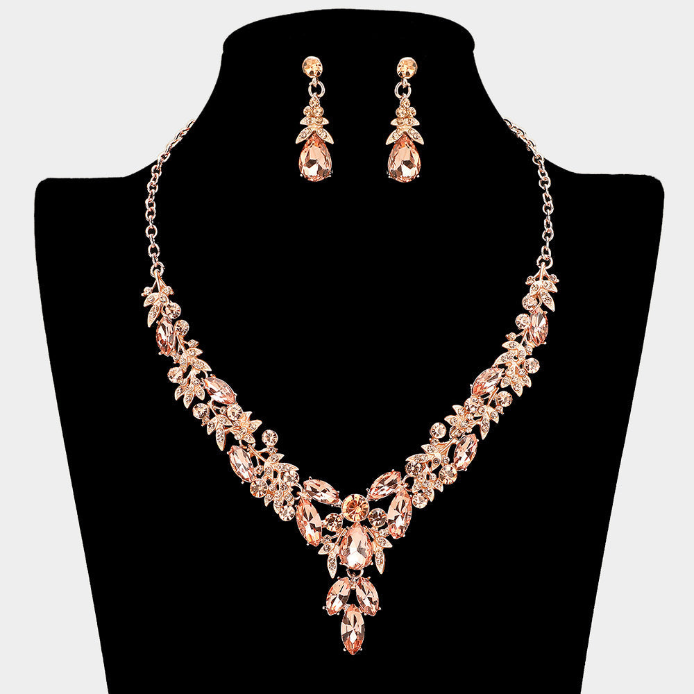 Madeline Love Peach, Rose Gold Teardrop Marquise Rhinestone Cluster Embellished Cascading Necklace - Jewelry