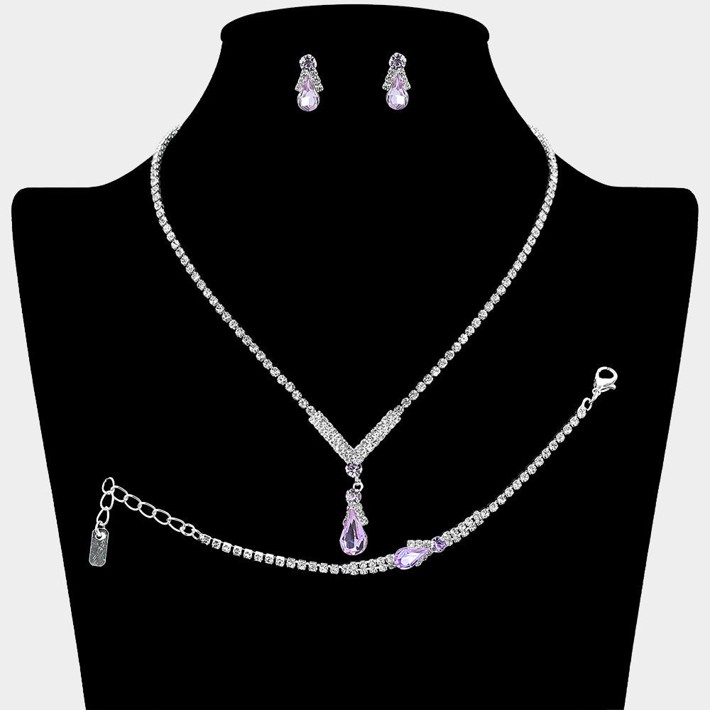Madeline Love Amethyst , Silver Teardrop Pendant Accent Rhinestone Paved Jewelry Set