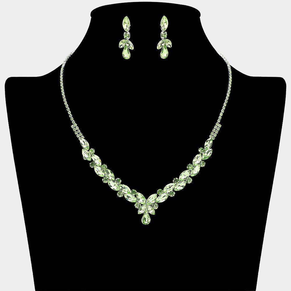 Madeline Love Green, Light, Silver Teardrop Marquise Stone Cluster Embellished Rhinestone Paved Necklace - Jewelry