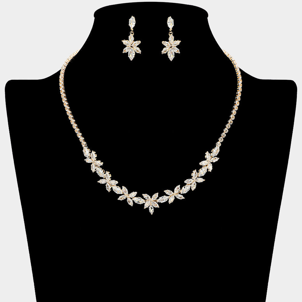 Madeline Love Clear, Gold Marquise Floral CZ Stone Cluster Link Rhinestone Paved Necklace - Jewelry