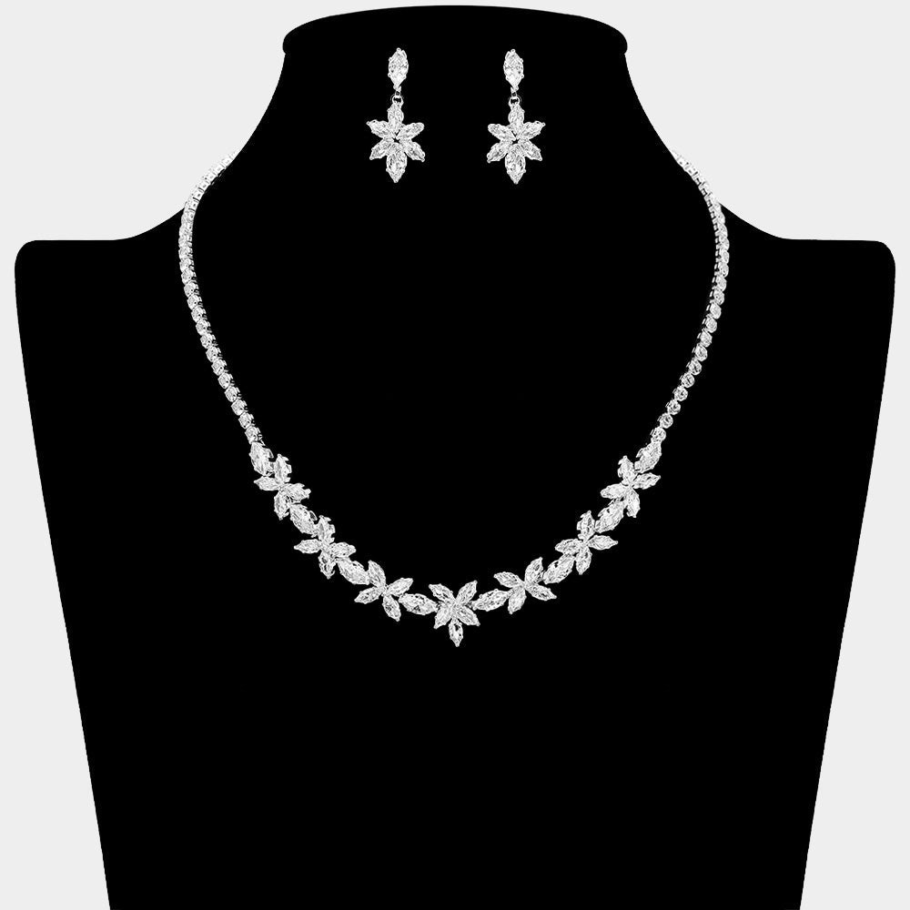 Madeline Love Clear, Silver Marquise Floral CZ Stone Cluster Link Rhinestone Paved Necklace - Jewelry