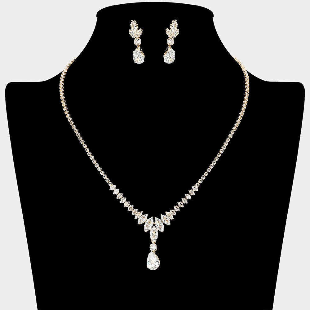 Madeline Love Clear, Gold Teardrop Drop Marquise CZ Stone Cluster Link Rhinestone Paved Necklace