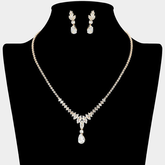 Madeline Love Clear, Gold Teardrop Drop Marquise CZ Stone Cluster Link Rhinestone Paved Necklace