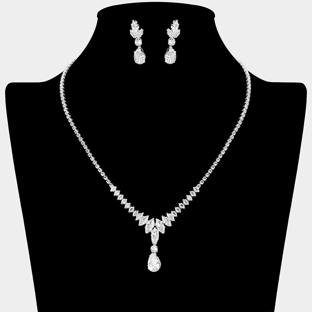 Madeline Love Clear, Silver Teardrop Drop Marquise CZ Stone Cluster Link Rhinestone Paved Necklace